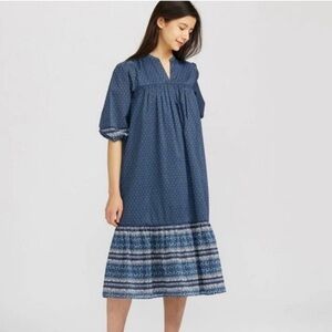 ANNA SUI x UNIQLO | Blue Long Sleeve Boho Cotton Tiered Midi Dress | small